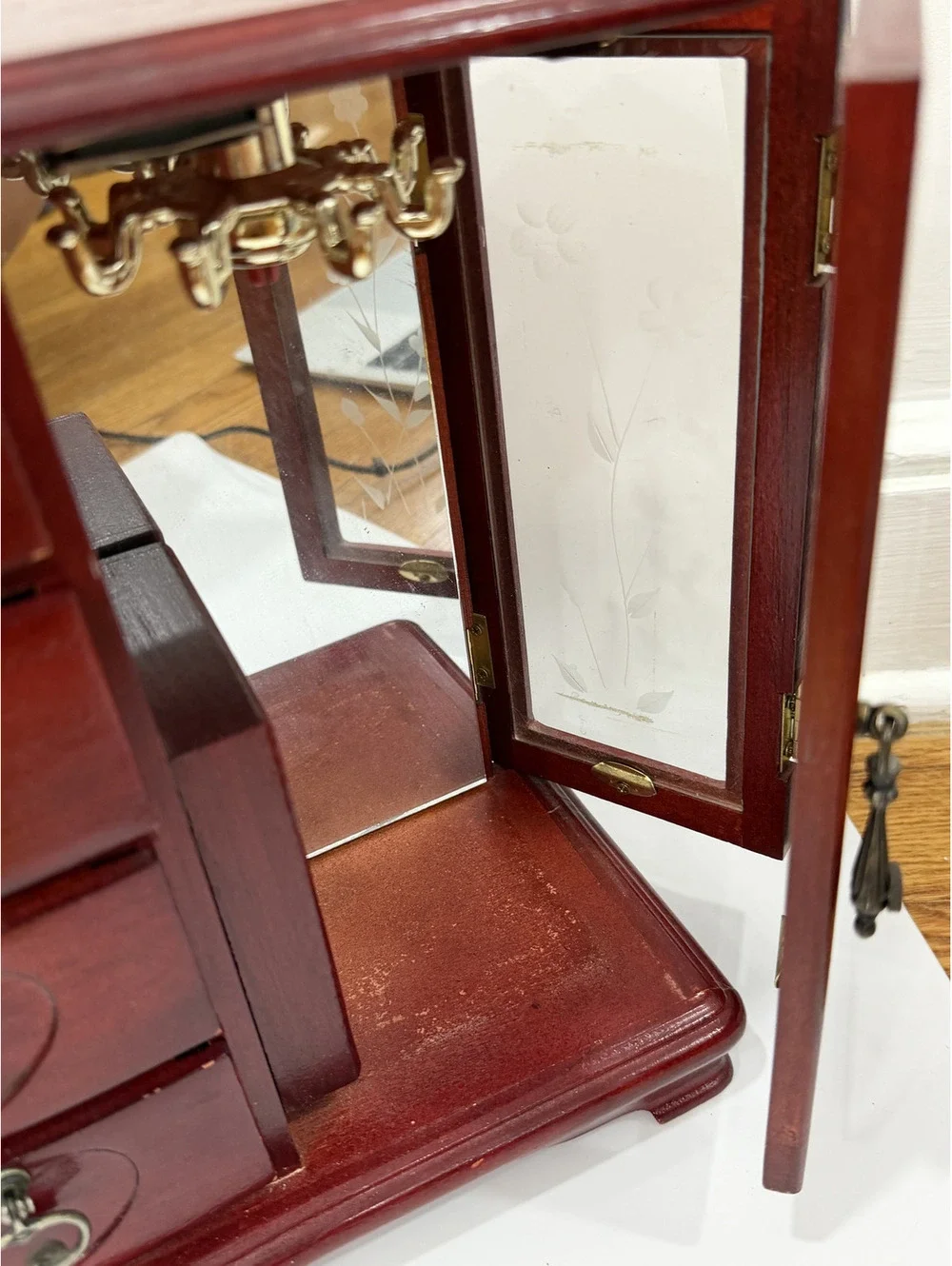 Vintage Red Wood Jewelry cabinet with galss door and mirror, velvet  drawers